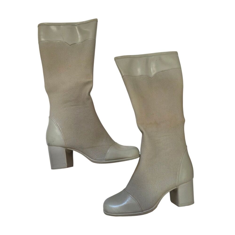 Vintage Beige Waterproof Mid Calf Rain Boots Block Heel Womens Size 7 Retro